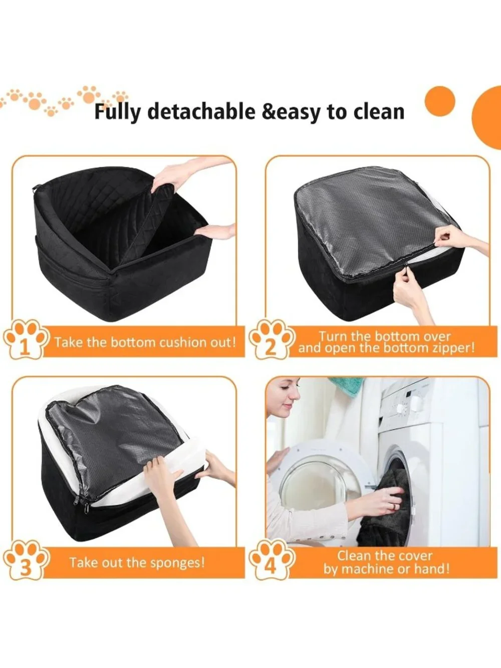 Dog Car Seat Booster Travel Bed Black Quilted Washable with Storage Pockets